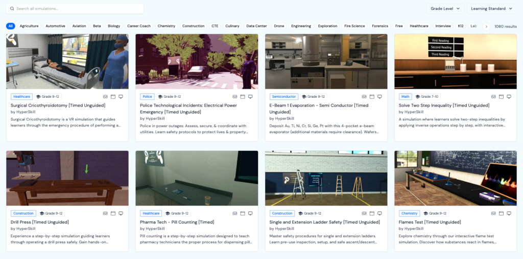 Skillful page showing offered simulations