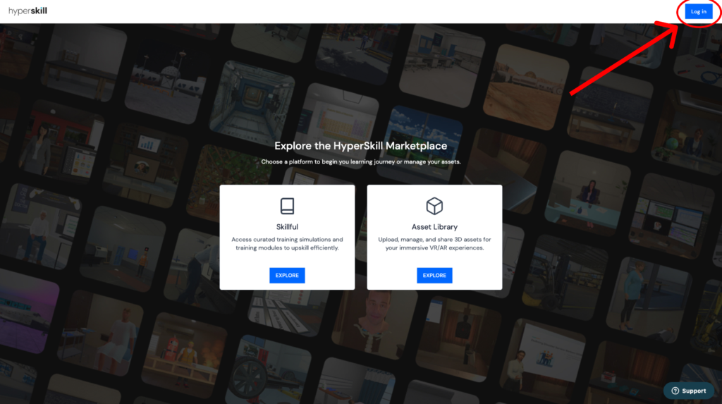 Hyperskill portal home page with red arrow pointing at login button in top right corner