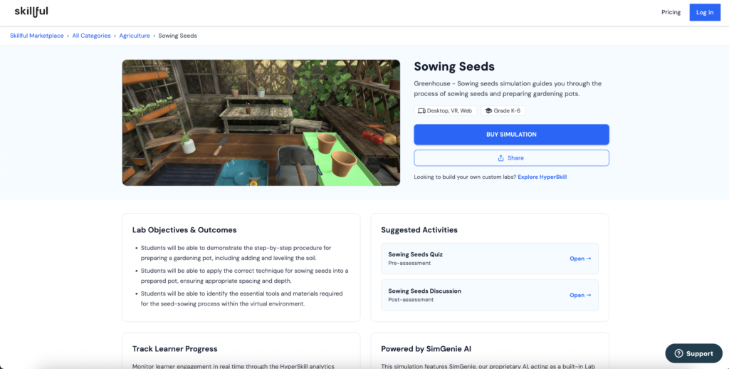 Skillful simulation details page with updated UI to show grade level and learning standard