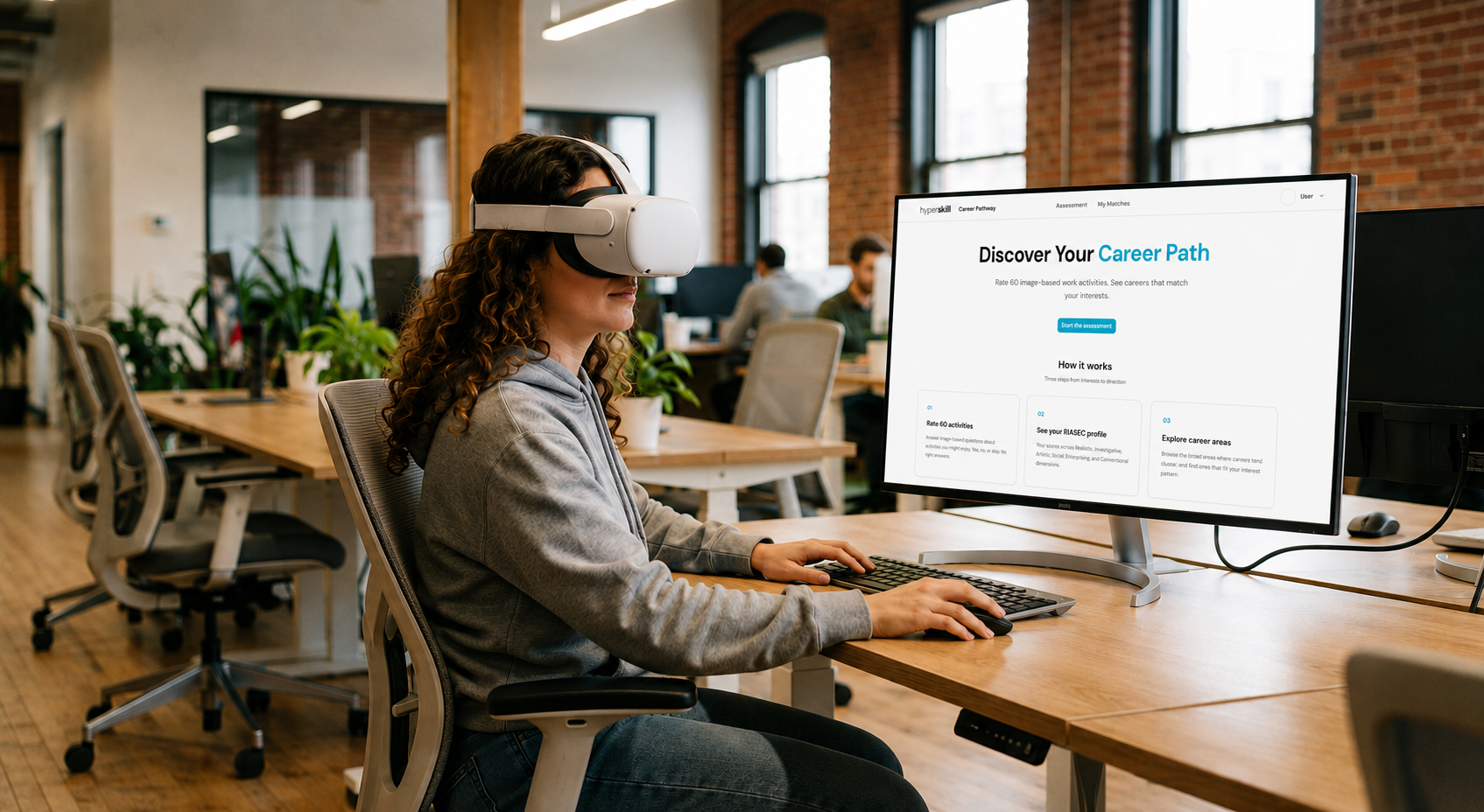 Student in a VR headset exploring the HyperSkill Career Pathway interest assessment on a desktop screen