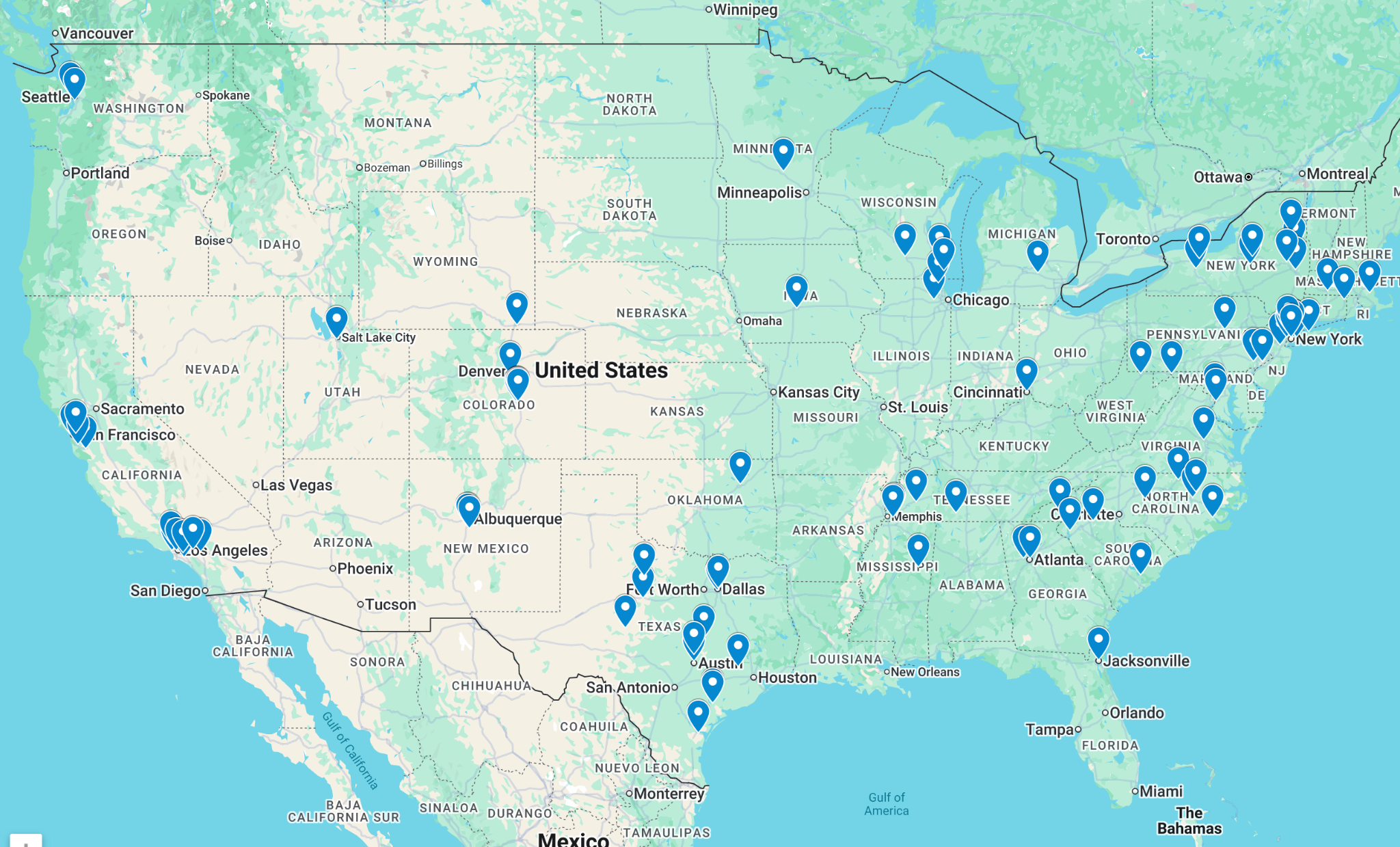 Map of SimInsights educational partner locations across the United States