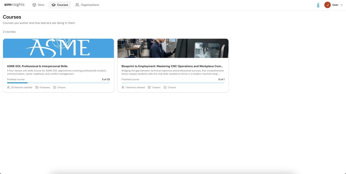 Author course dashboard showing ASME DOL and Blueprint to Employment courses with learner counts and progress