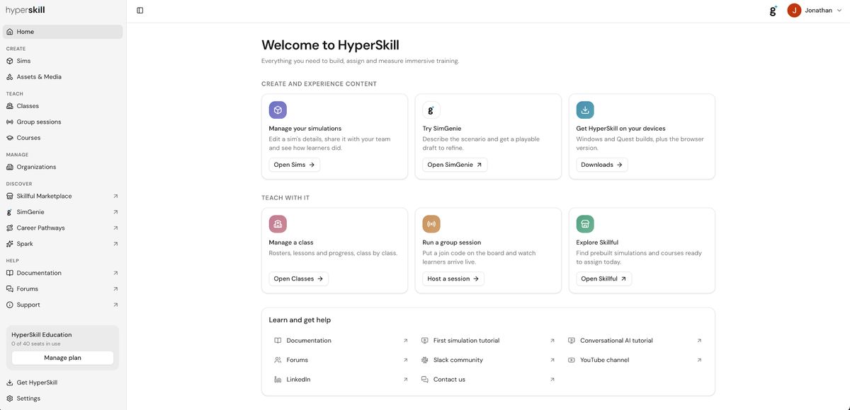 HyperSkill unified platform home screen showing Welcome to HyperSkill with Create, Teach, and Learn sections